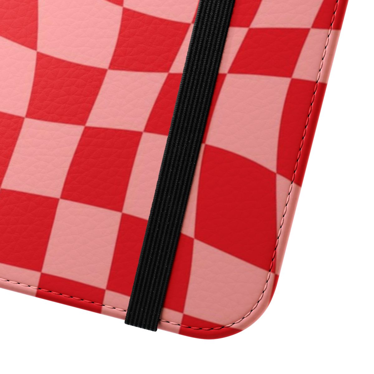 Handmade phone case with a wavy, minimalist checkered pattern in red and pink - Close Up