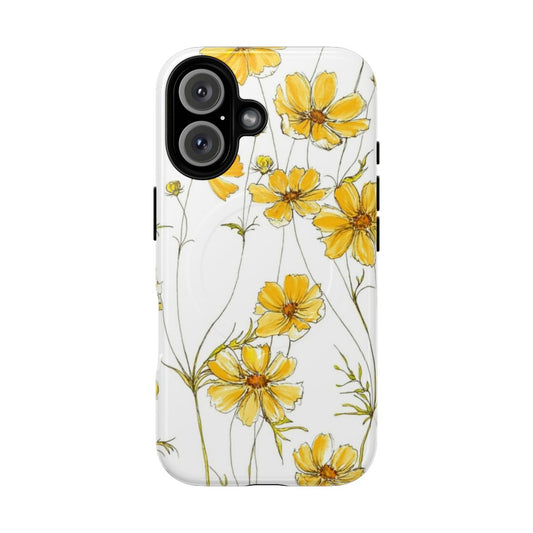 Yellow cosmos flowers phone case with a natural, botanical pattern