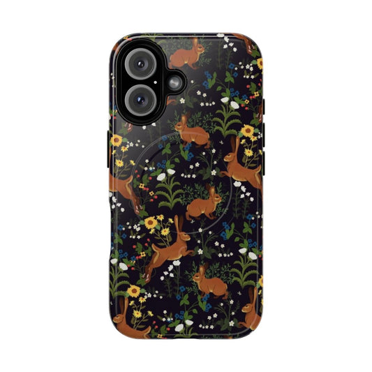 Elegant phone case featuring a vibrant garden scene with a cute rabbit and floral pattern