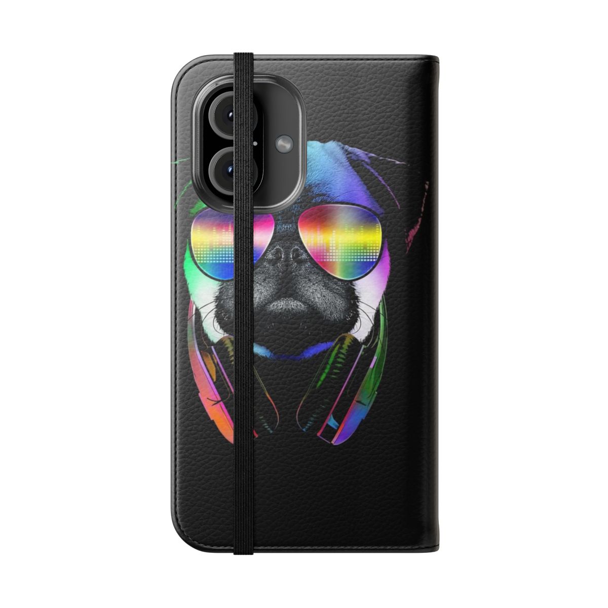 Colorful pug dog wearing headphones on a phone case - Folded Front