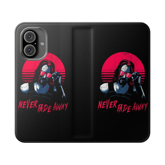 Cyberpunk-inspired flip cover phone case featuring the design "Never Fade Away"