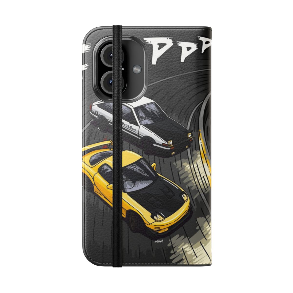 Stylized Initial D inspired artwork featuring an RX7 and AE86 on a phone case. - Folded Front