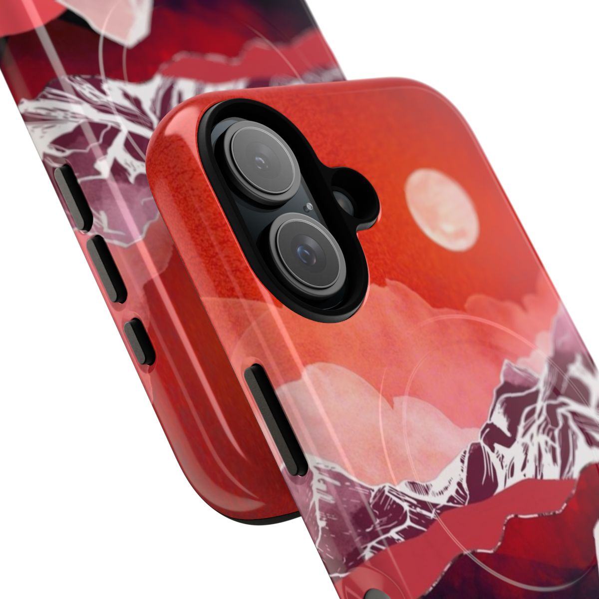 Stylish phone cases featuring a vibrant scarlet and abstract landscape design. - Detail