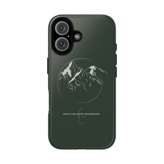 Magnetic tough phone case with a design of mountains and Christian religious imagery