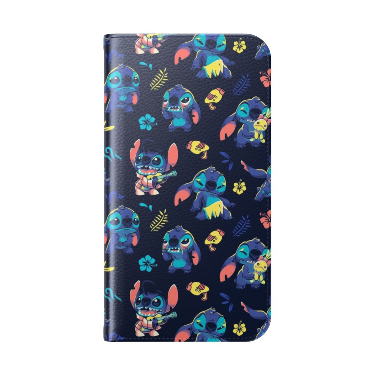 Colorful flip phone case with a cute stitch-inspired cartoon design featuring an alien-like character and Hawaiian elements - Folded Back