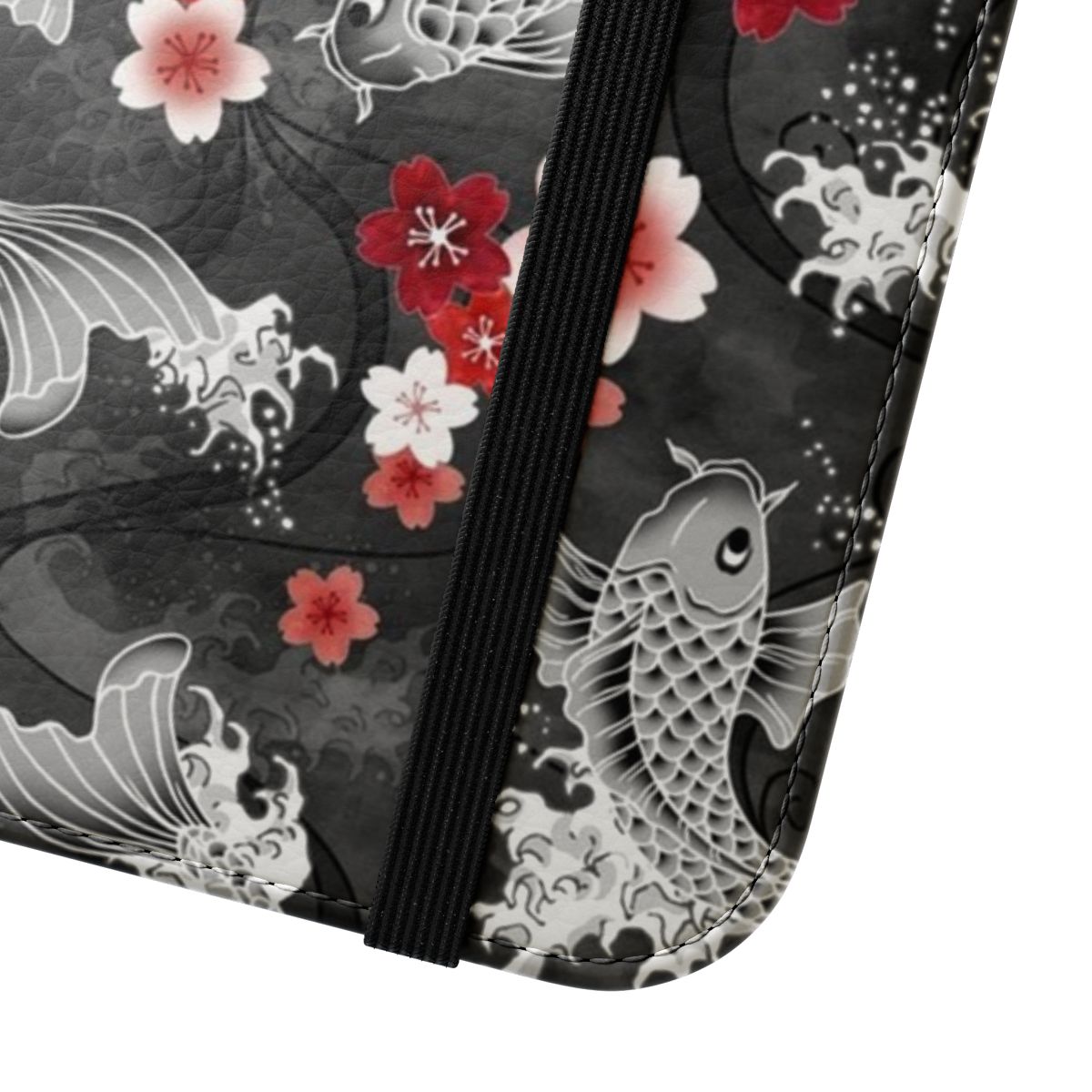 Colorful flip cover phone case featuring a watercolor design of koi fish swimming among cherry blossoms - Close Up