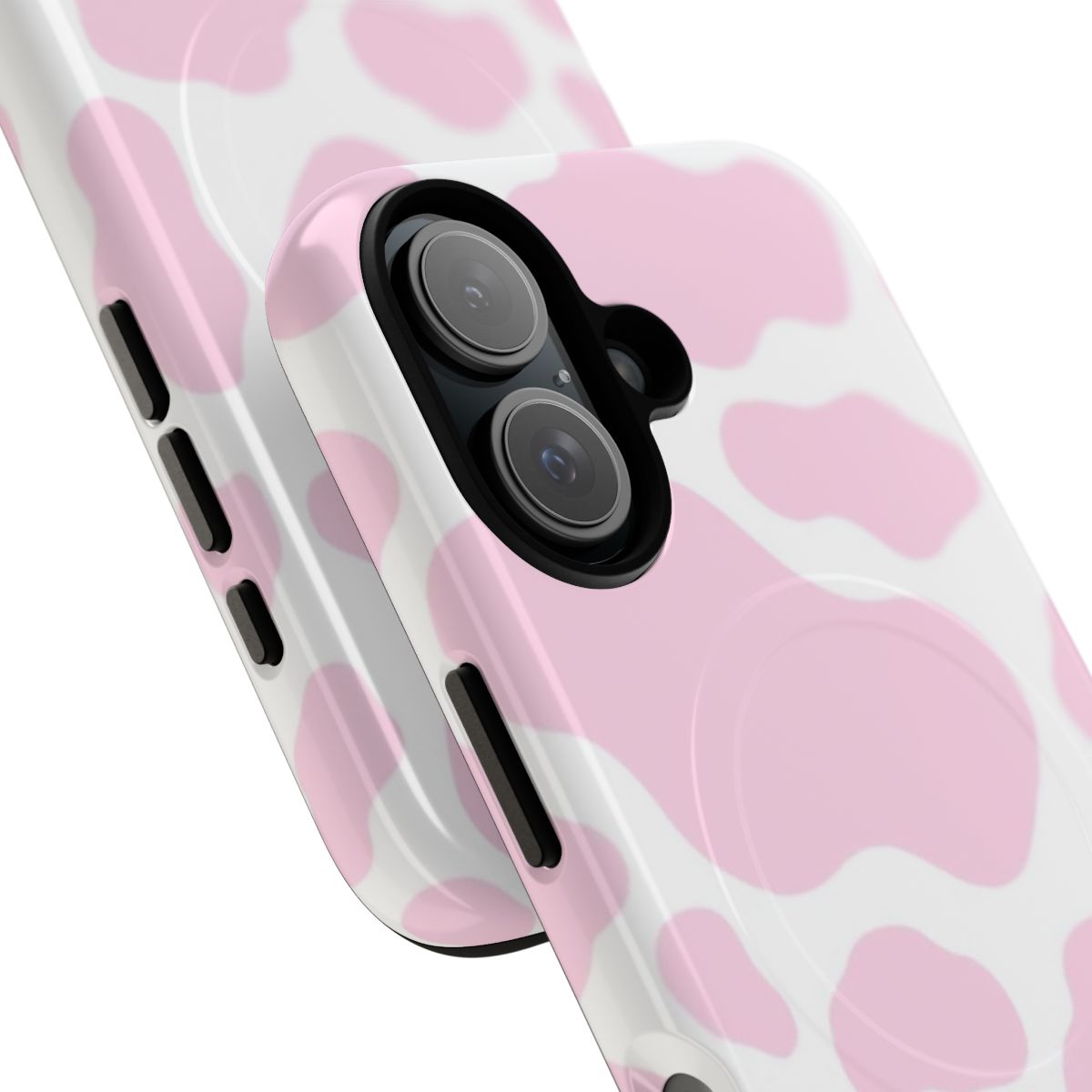 A pink cow print phone case with a magnetic tough design. - Detail