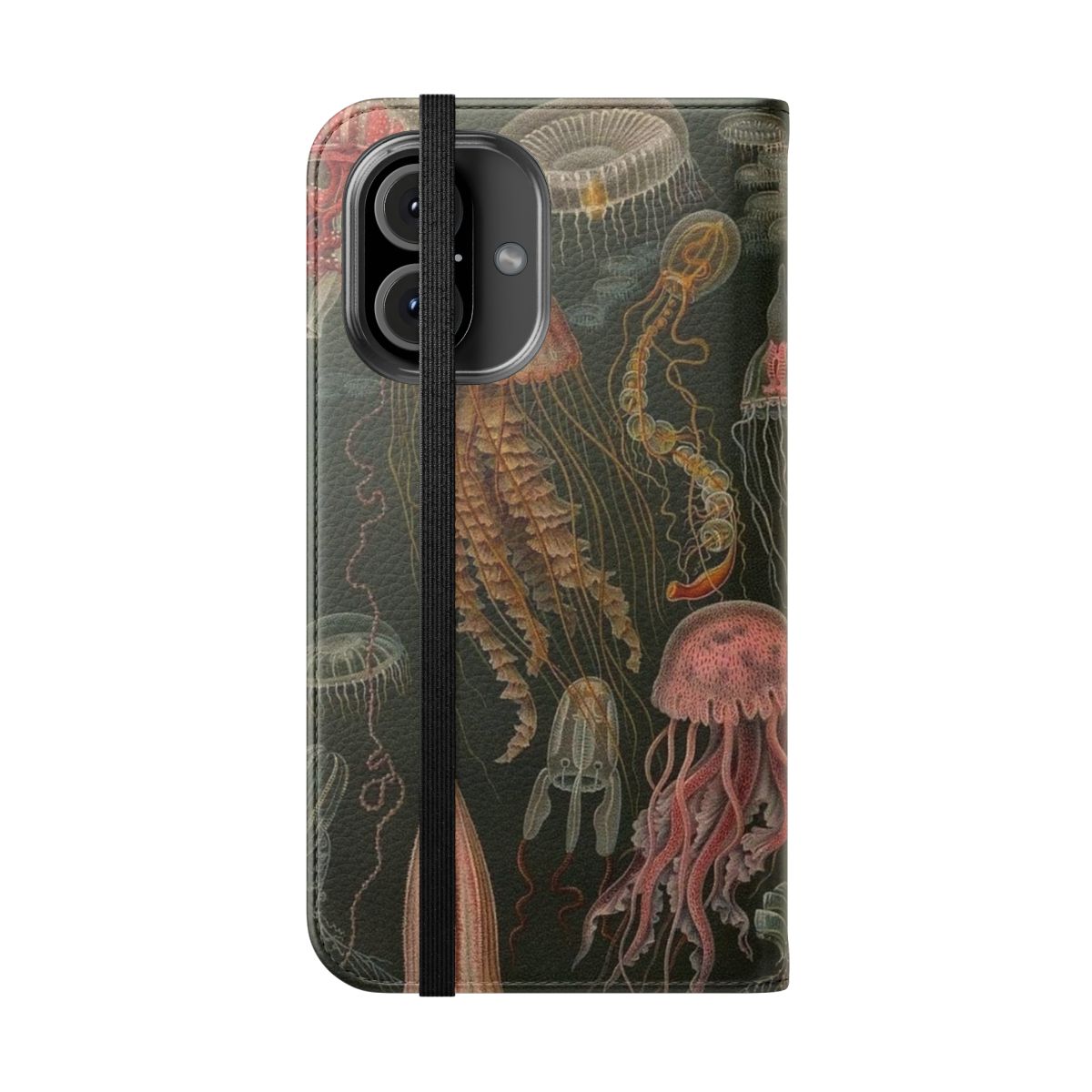 A dark, mysterious phone case cover featuring a graphic design of a glowing jellyfish swimming underwater. - Folded Front