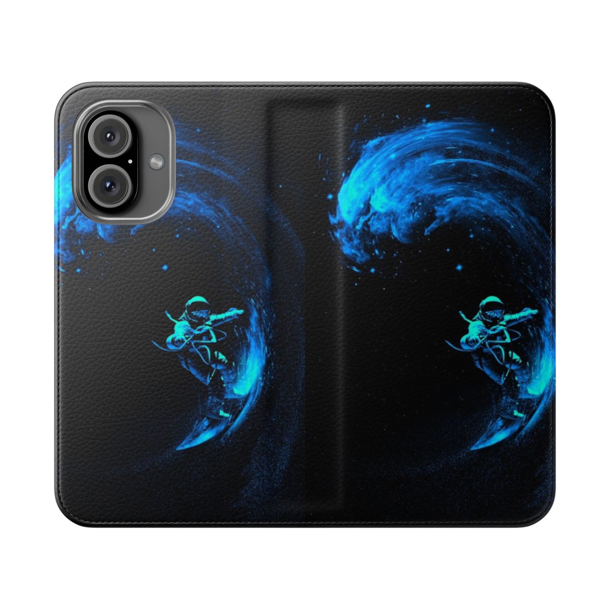 A flip cover phone case featuring a vibrant, cosmic-inspired design with swirling colors and celestial elements.