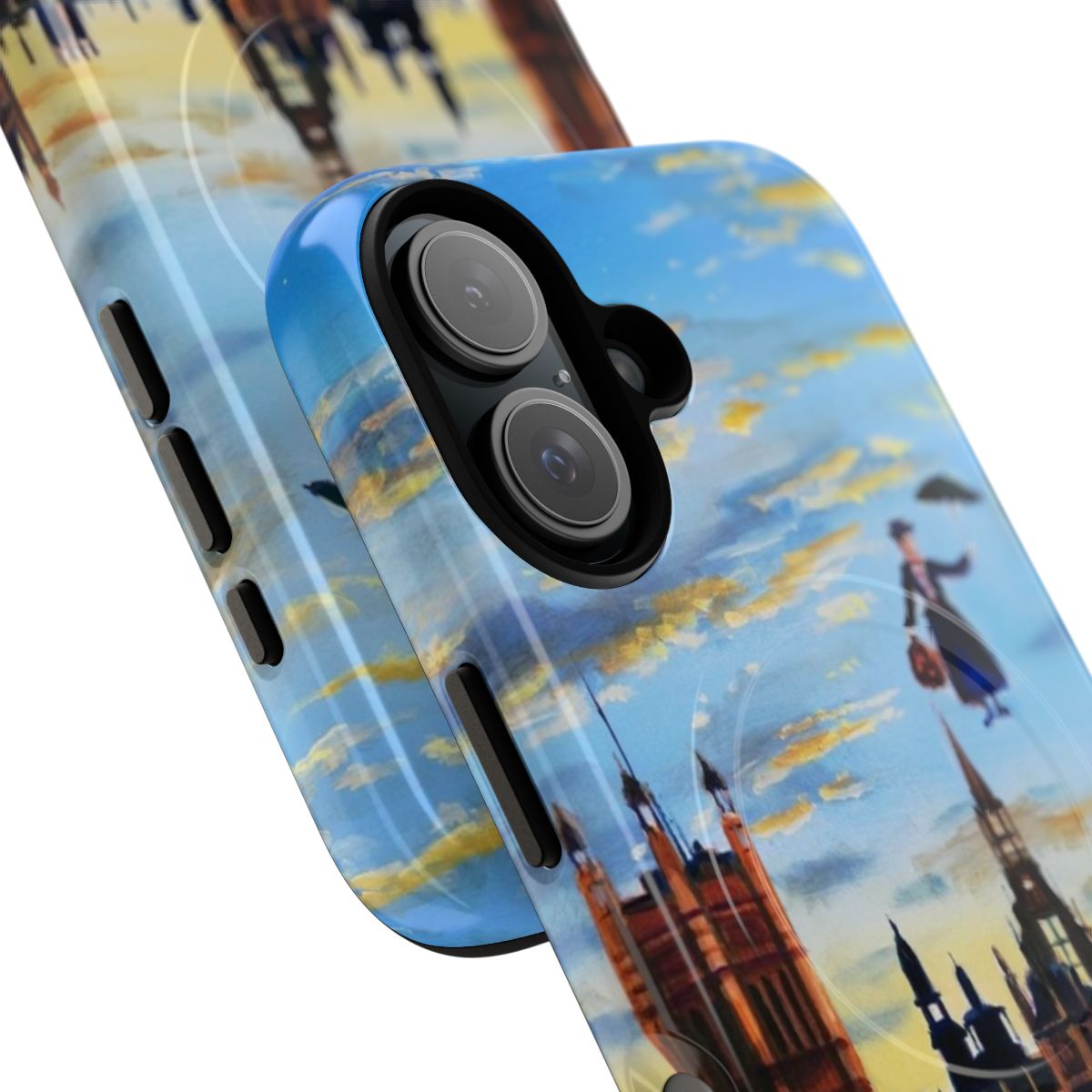 Whimsical phone case featuring the character Mary Poppins flying over London - Detail