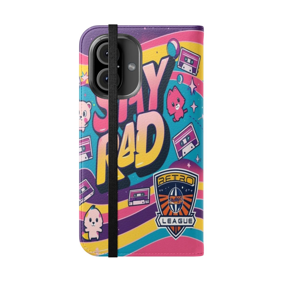 Retro 90s nostalgic flip phone case with colorful, neon, and vintage design elements. - Folded Front