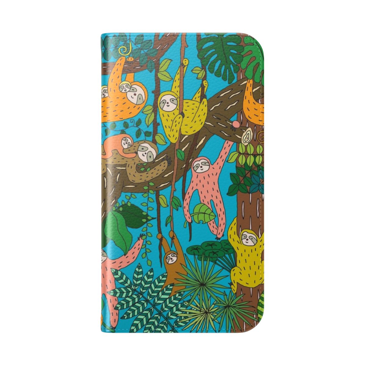 Vibrant graphic phone case featuring happy sloths in a tropical jungle landscape. - Folded Back