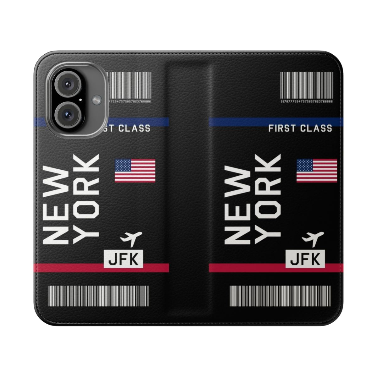 Black smartphone case with flight ticket and boarding pass design