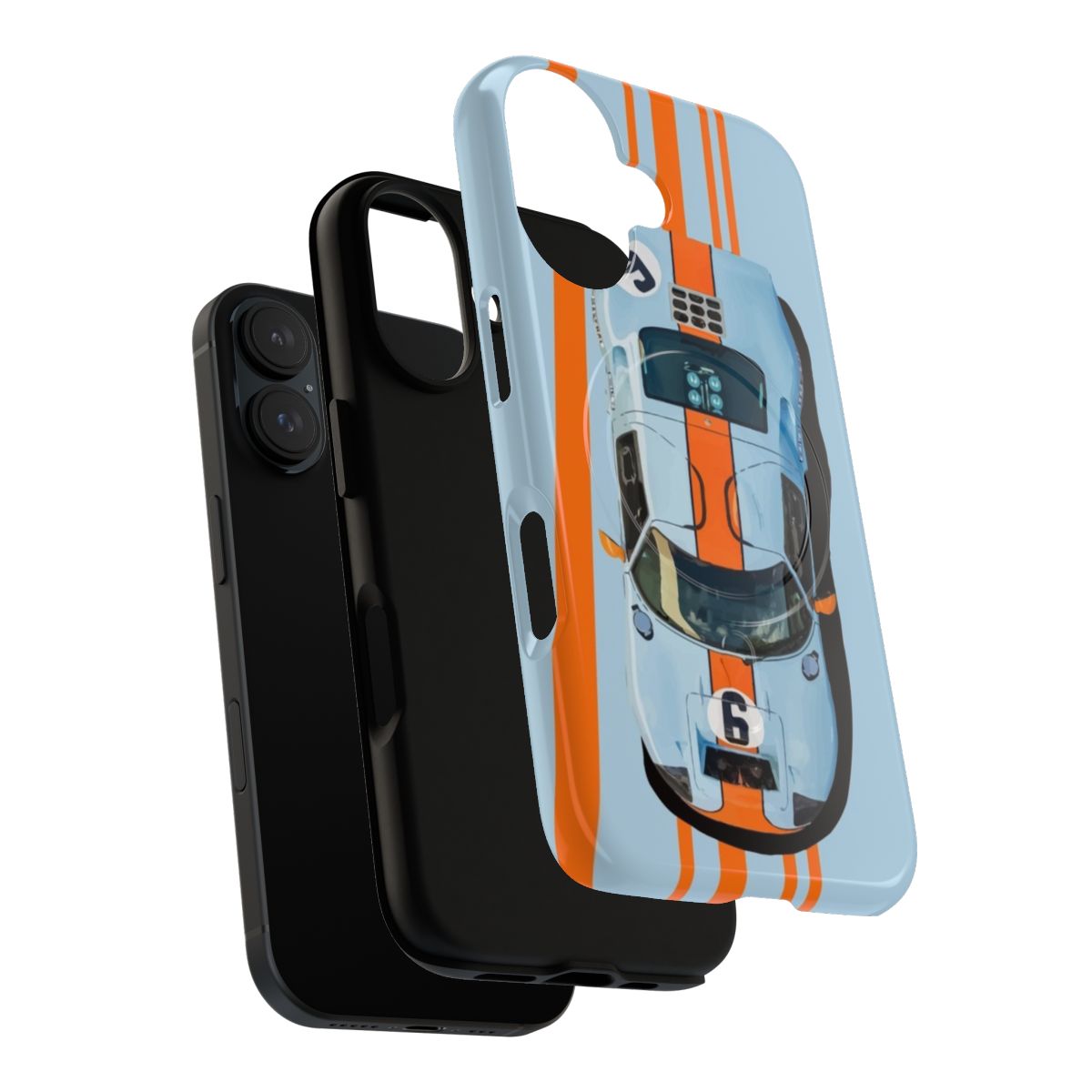 Retro artwork of a blue and orange Ford GT40 MK2 race car on a phone case. - Layers