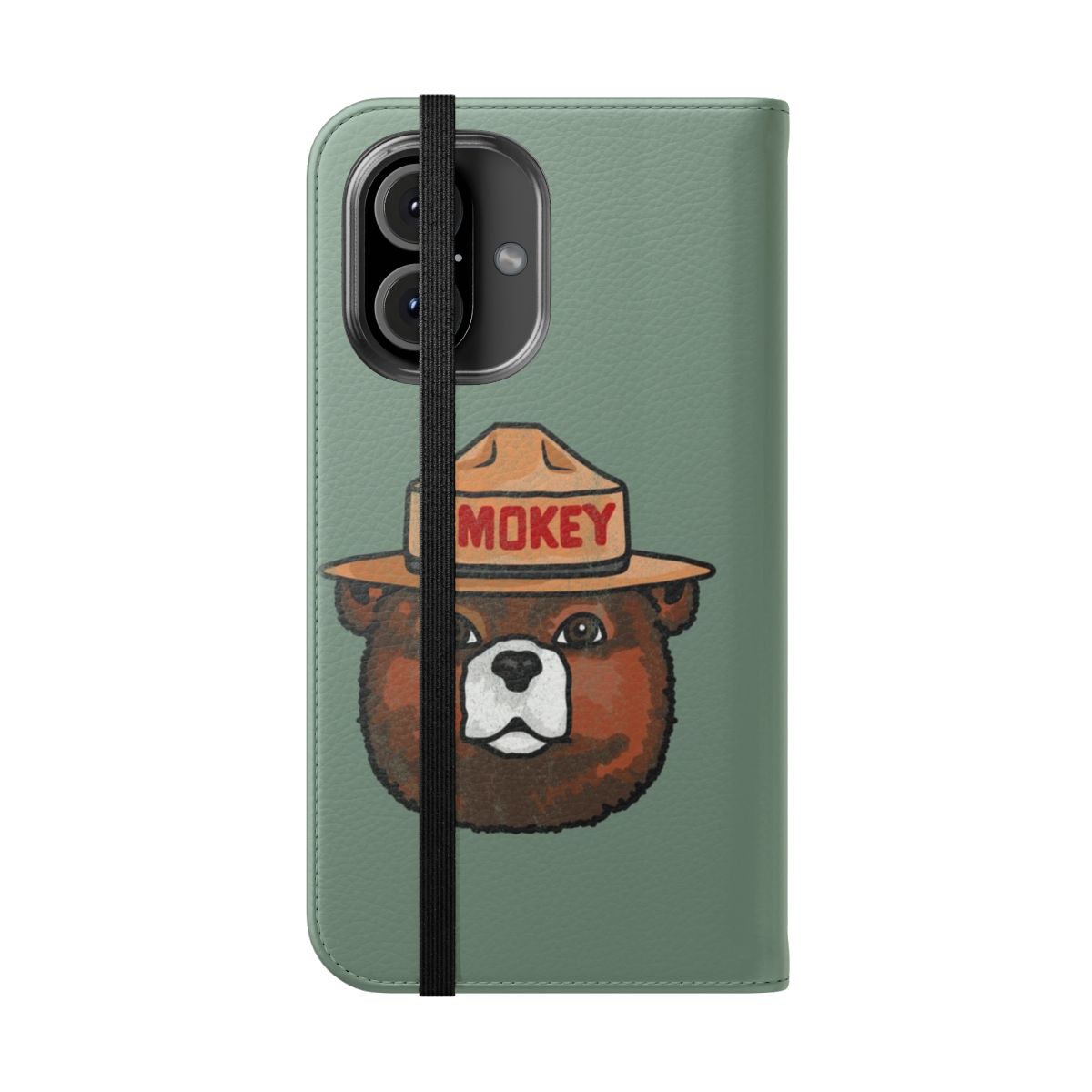 Distressed Smokey Bear-inspired artwork on a flip cover phone case - Folded Front