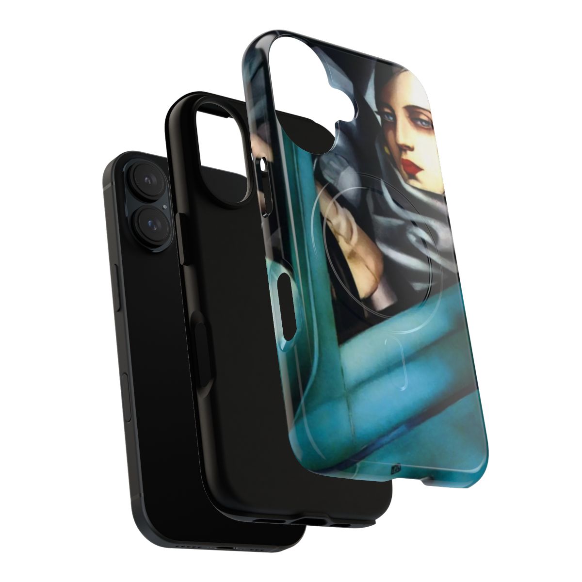 A phone case featuring the iconic self-portrait painting by Tamara de Lempicka, including her signature green car. - Layers