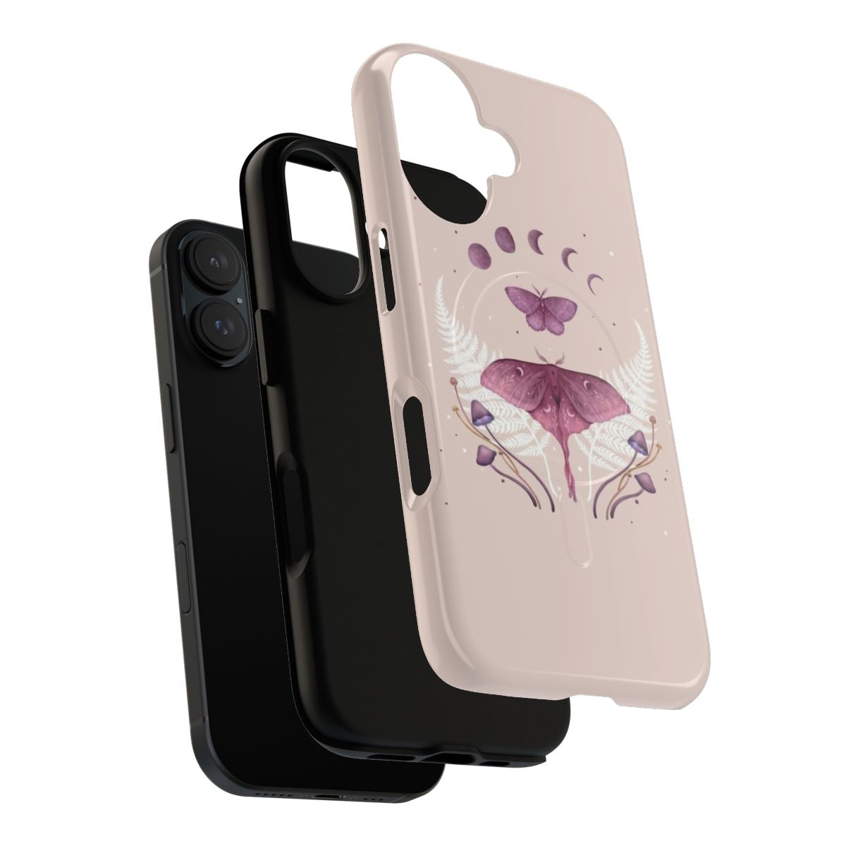 Pastel pink vintage phone case with moon, night garden, and moth design - Layers