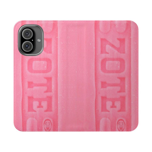 Vintage-style flip cover phone case with Zote soap graphic