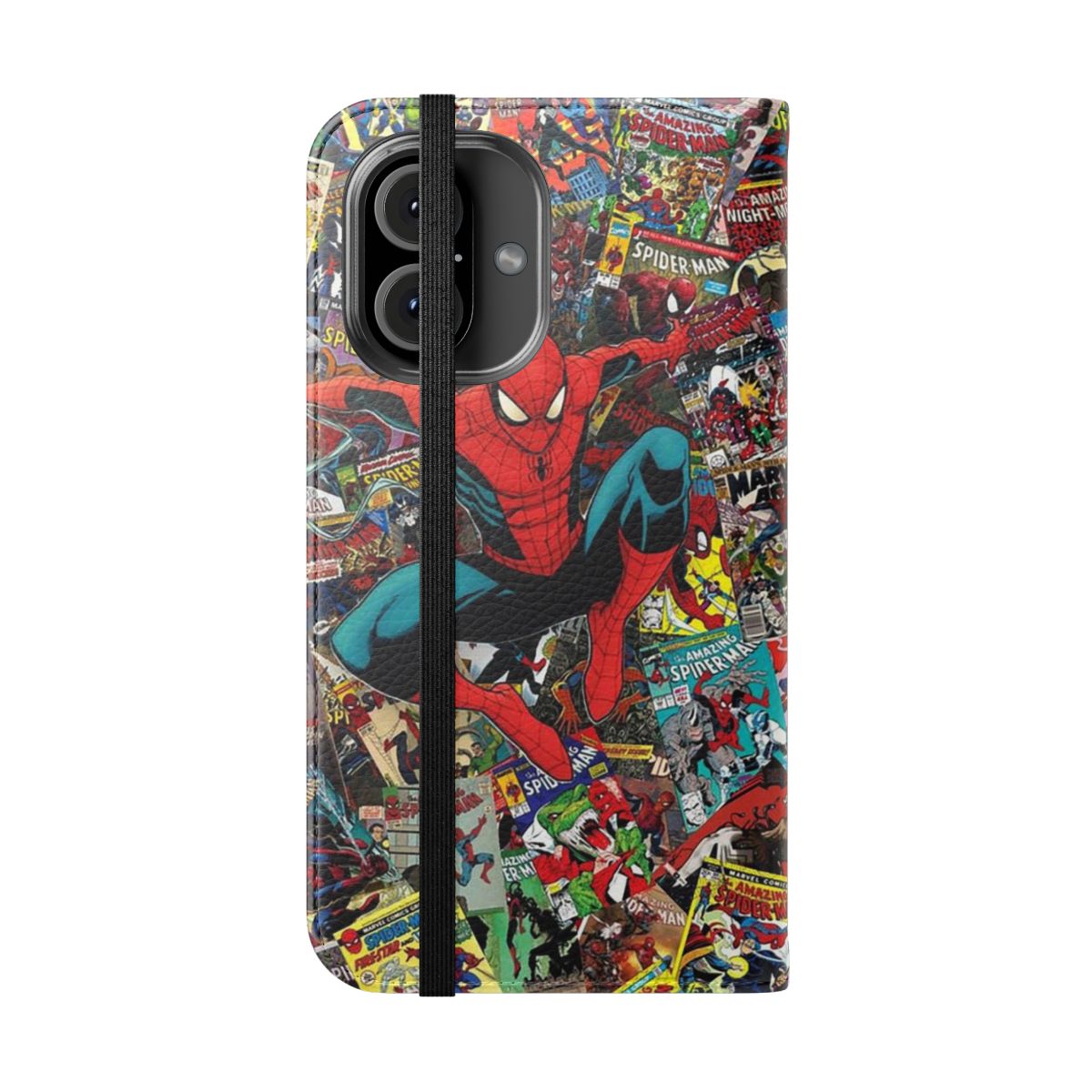 Vibrant phone case featuring a spider-themed design for comic and movie enthusiasts - Folded Front