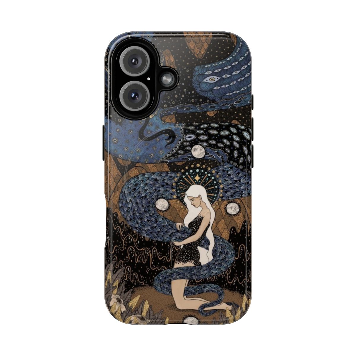 Magnetic tough phone case with detailed snake, moon, and dark designs