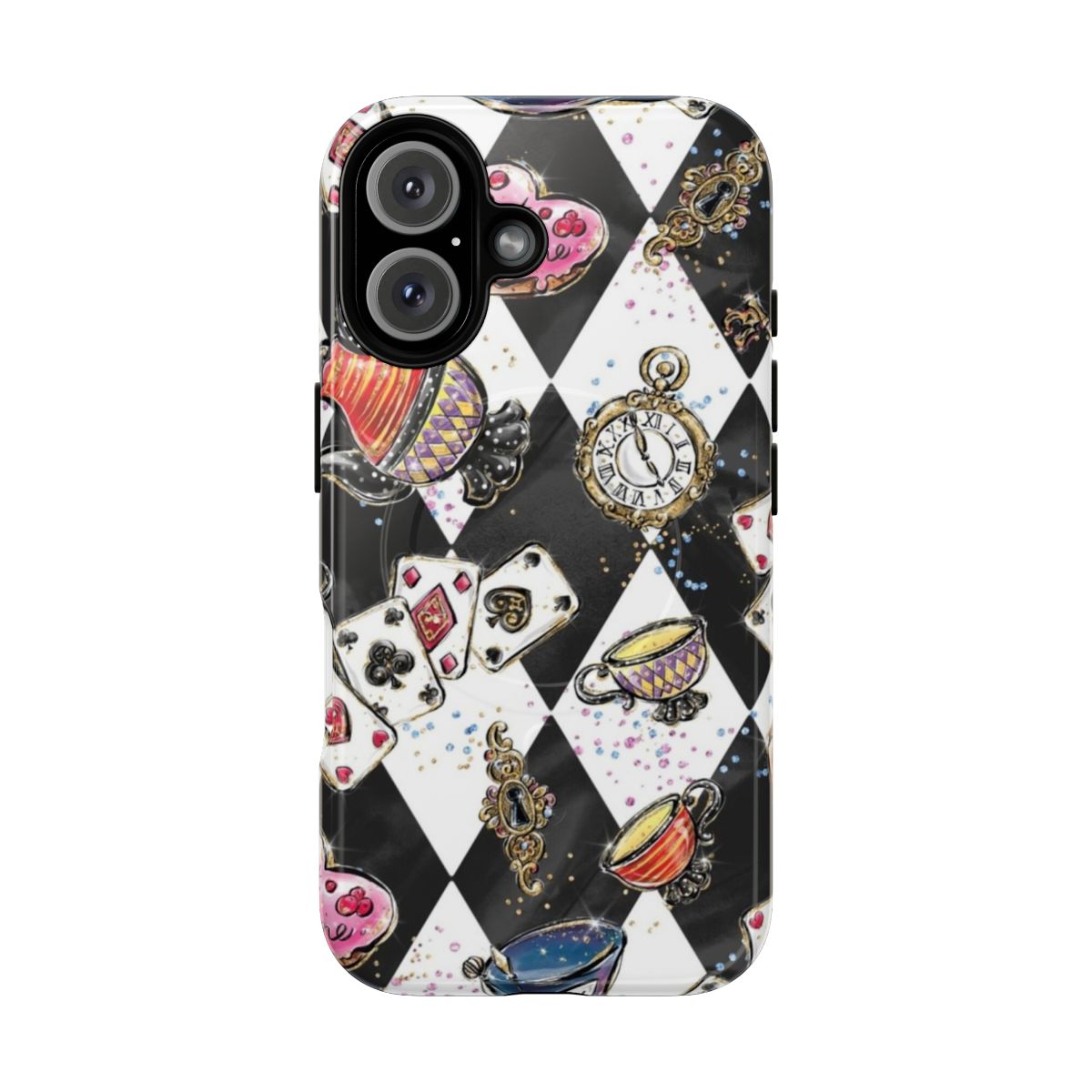 Magnetic tough phone cases featuring vibrant Alice in Wonderland inspired artwork and psychedelic patterns