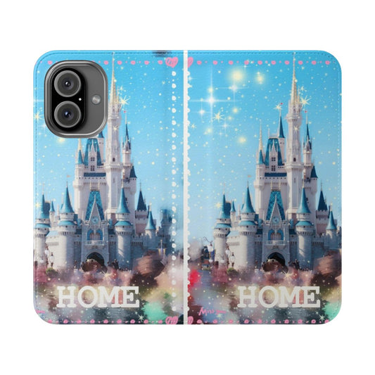 Flip cover phone case featuring a picturesque Disney castle design