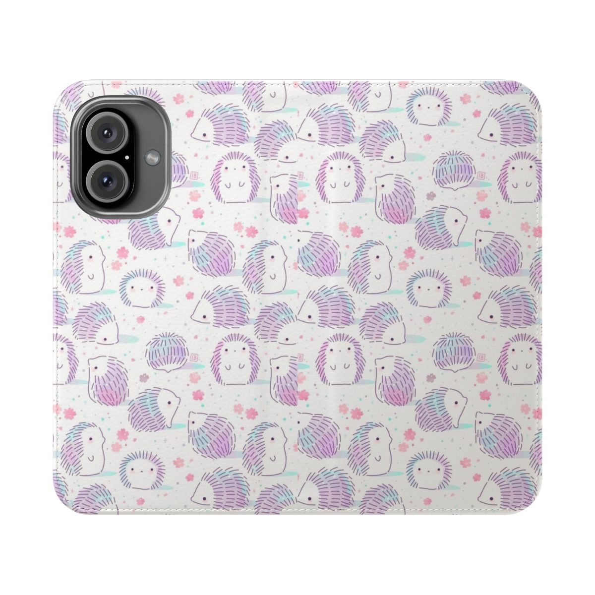 Hedgehog-patterned flip cover phone case with floral designs