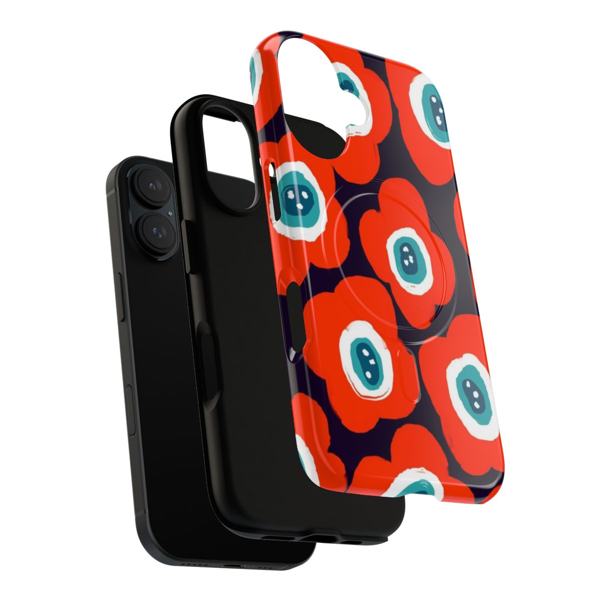 Close-up of a modern, minimalist phone case with a bold blue and red floral pattern. - Layers