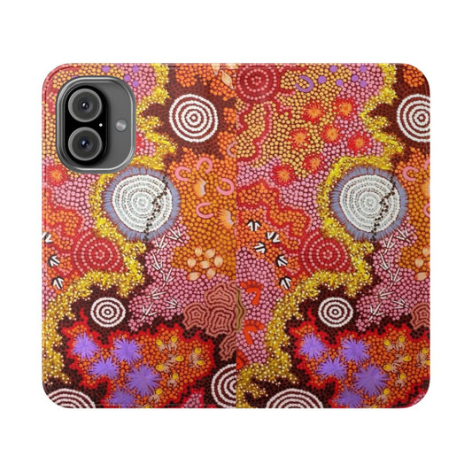 Boho-style phone case featuring a vibrant Australian aboriginal-inspired dot painting pattern