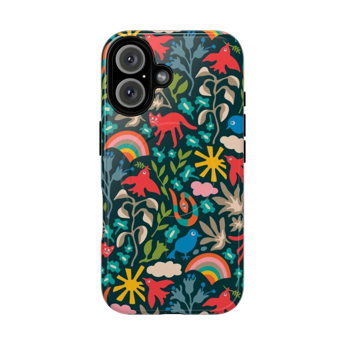 Colorful phone case featuring a nature-inspired pattern with birds, animals, and flowers on a dark teal background.