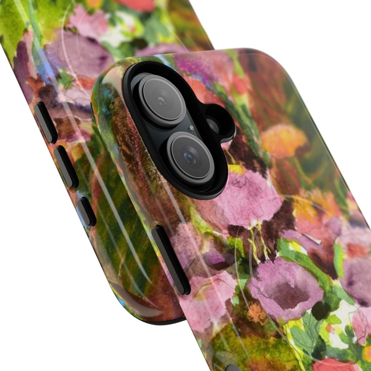 Vibrant and colorful floral phone case featuring a close-up of a garden - Detail