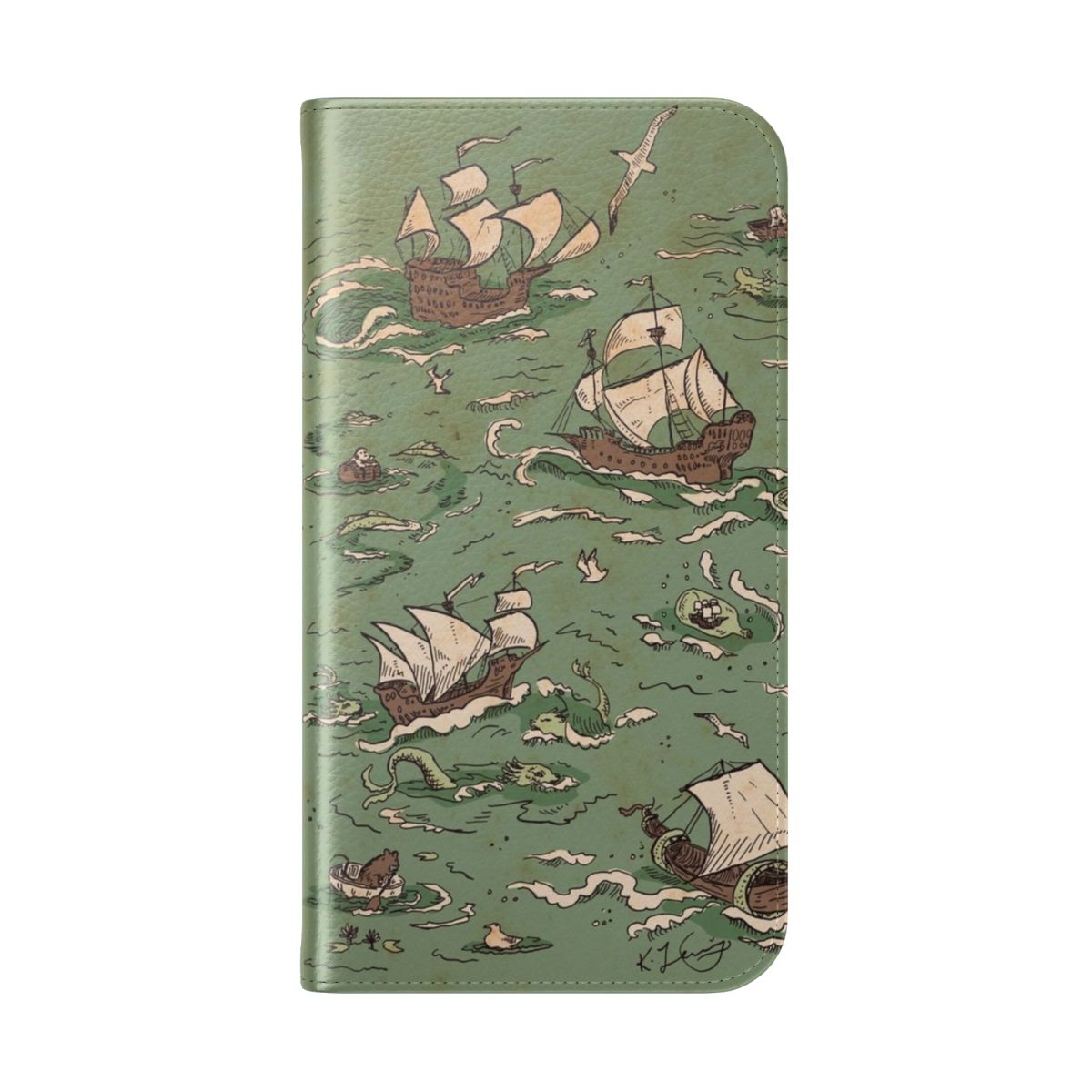 Flip phone case cover with a sailing ship and nautical design - Folded Back