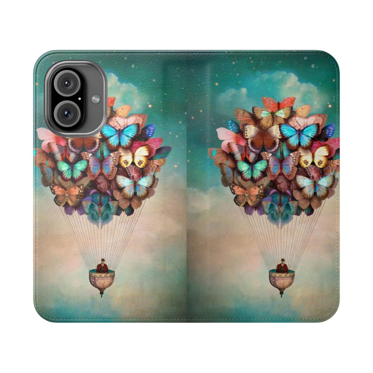 Colorful digital art phone case with butterflies, balloons, and a surreal, dreamlike sky.