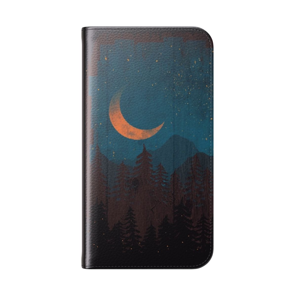 A flip phone case featuring a serene nightscape with mountains, stars, and fireflies. - Folded Back