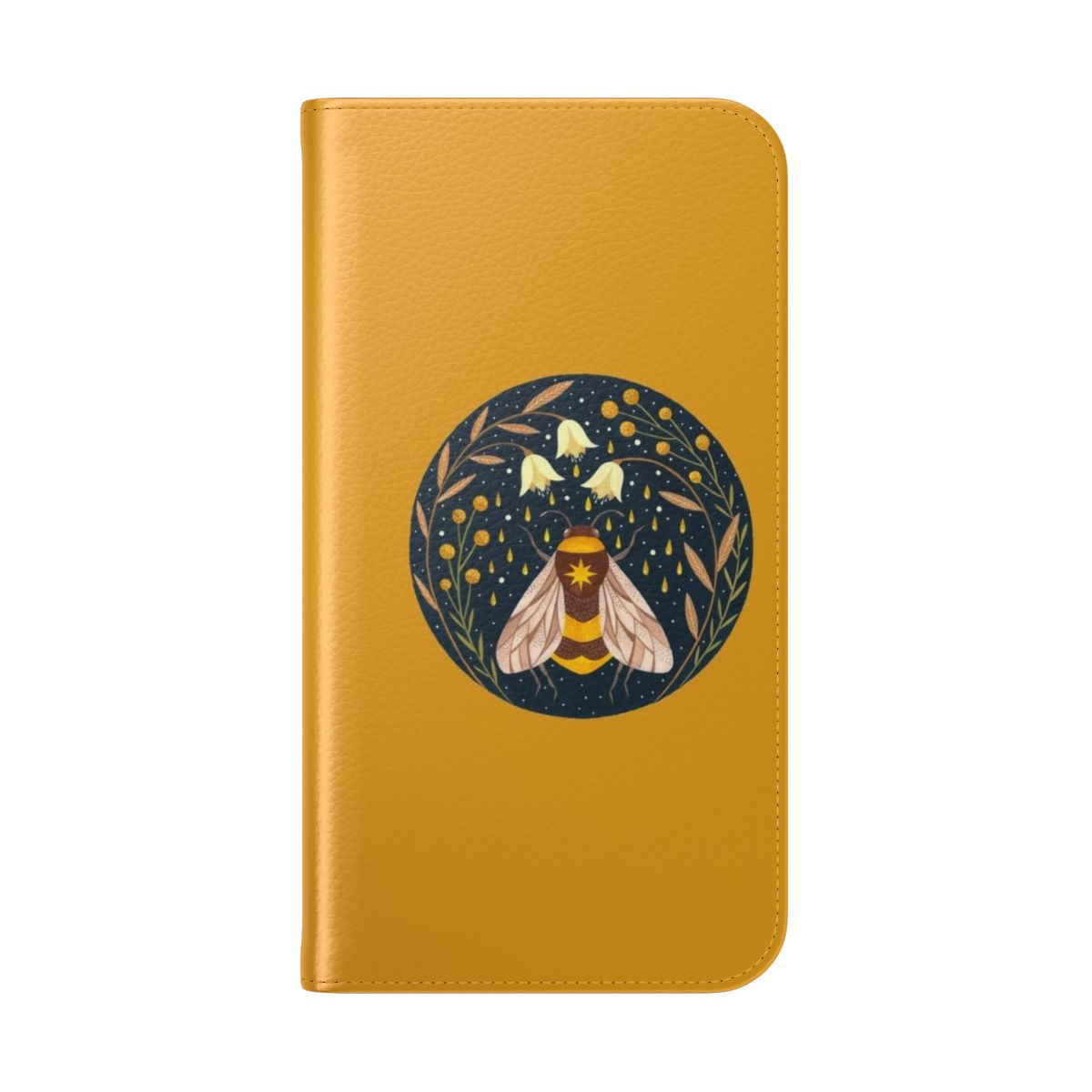 A phone case with a vibrant floral pattern and a golden honey bee design, perfect for nature enthusiasts and bee lovers. - Folded Back