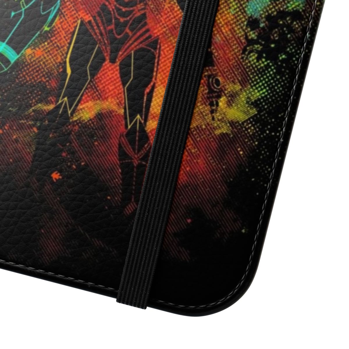 Cosmic Bounty Hunter-themed flip cover phone case with space and retro gaming design - Close Up