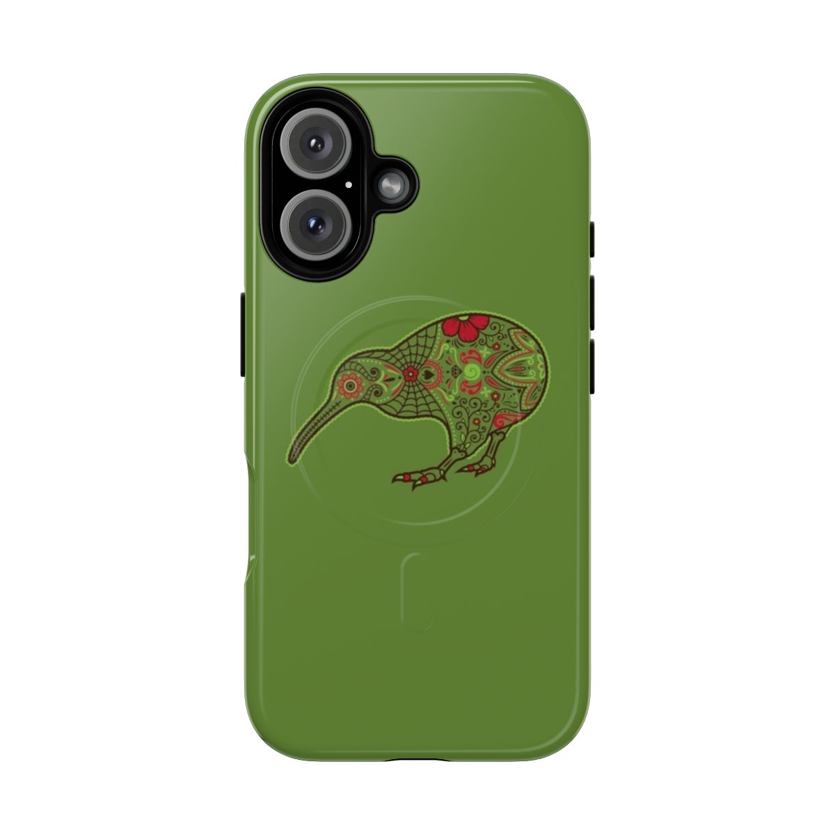 Colorful phone case with a magnetic tough design featuring a day of the dead kiwi bird illustration