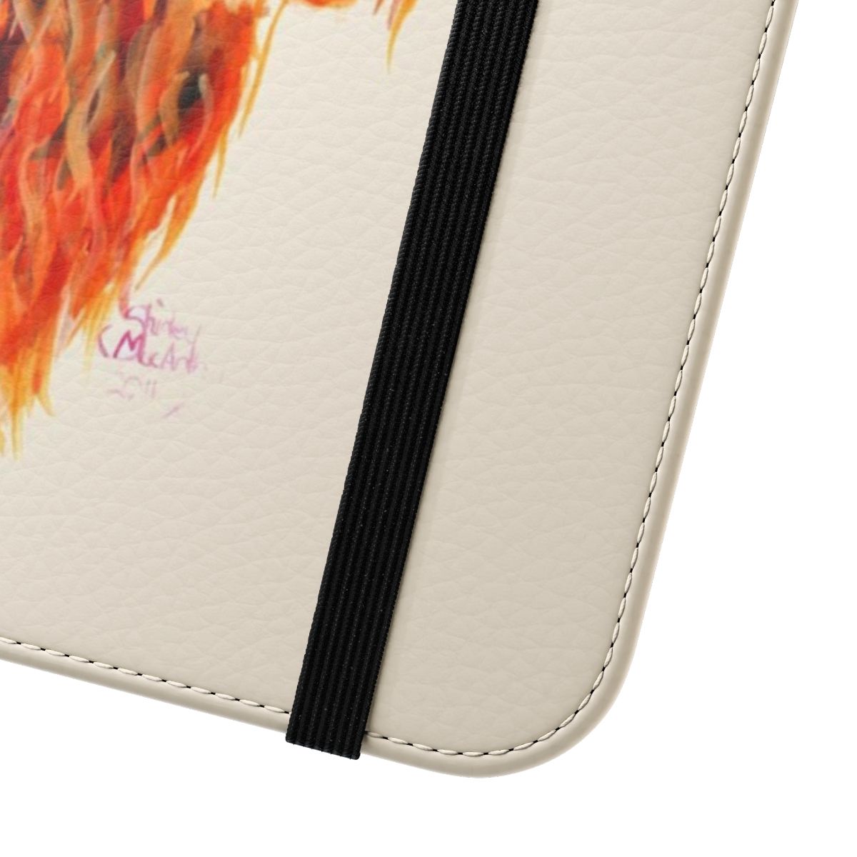 Vibrant illustration of a curious, ginger-haired highland cow peeking out from a flip phone case design - Close Up