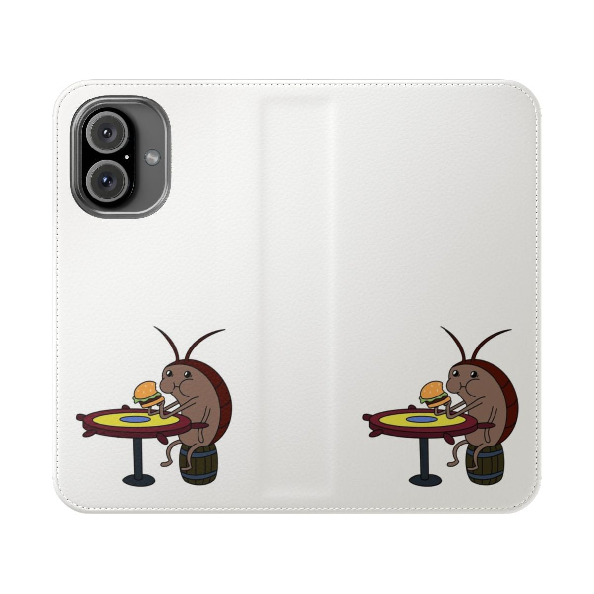 Vibrant Spongebob-themed phone case with a funny cockroach design