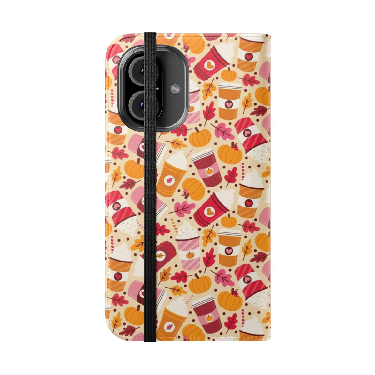 Pumpkin spice phone case with leaves and pumpkins in an autumnal pattern - Folded Front