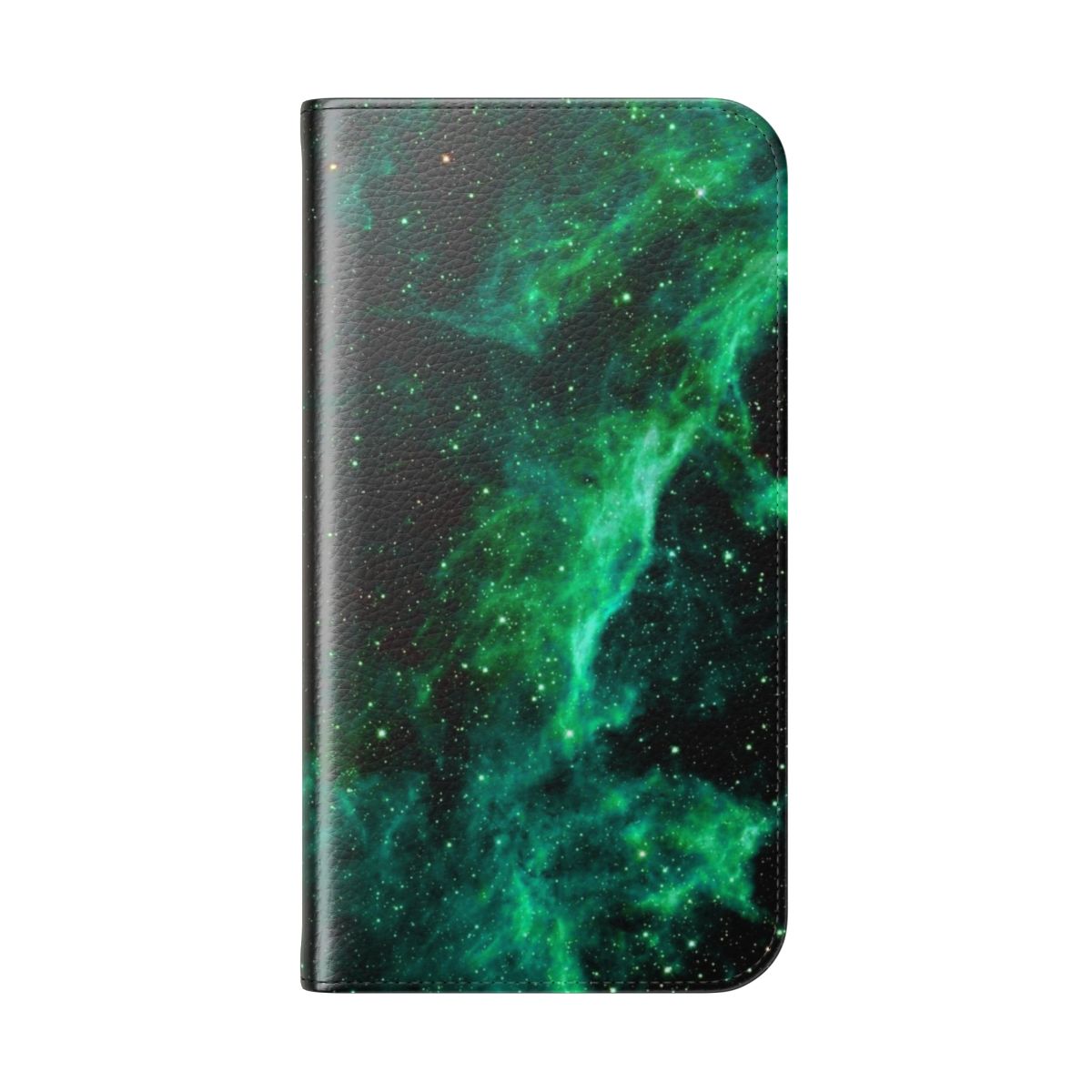 A green flip cover phone case featuring a cosmic galaxy design with stars, planets, and constellations. - Folded Back