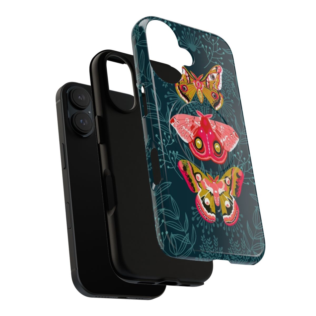 Artistic phone case featuring a vibrant moth and butterfly design against a nature-themed background. - Layers