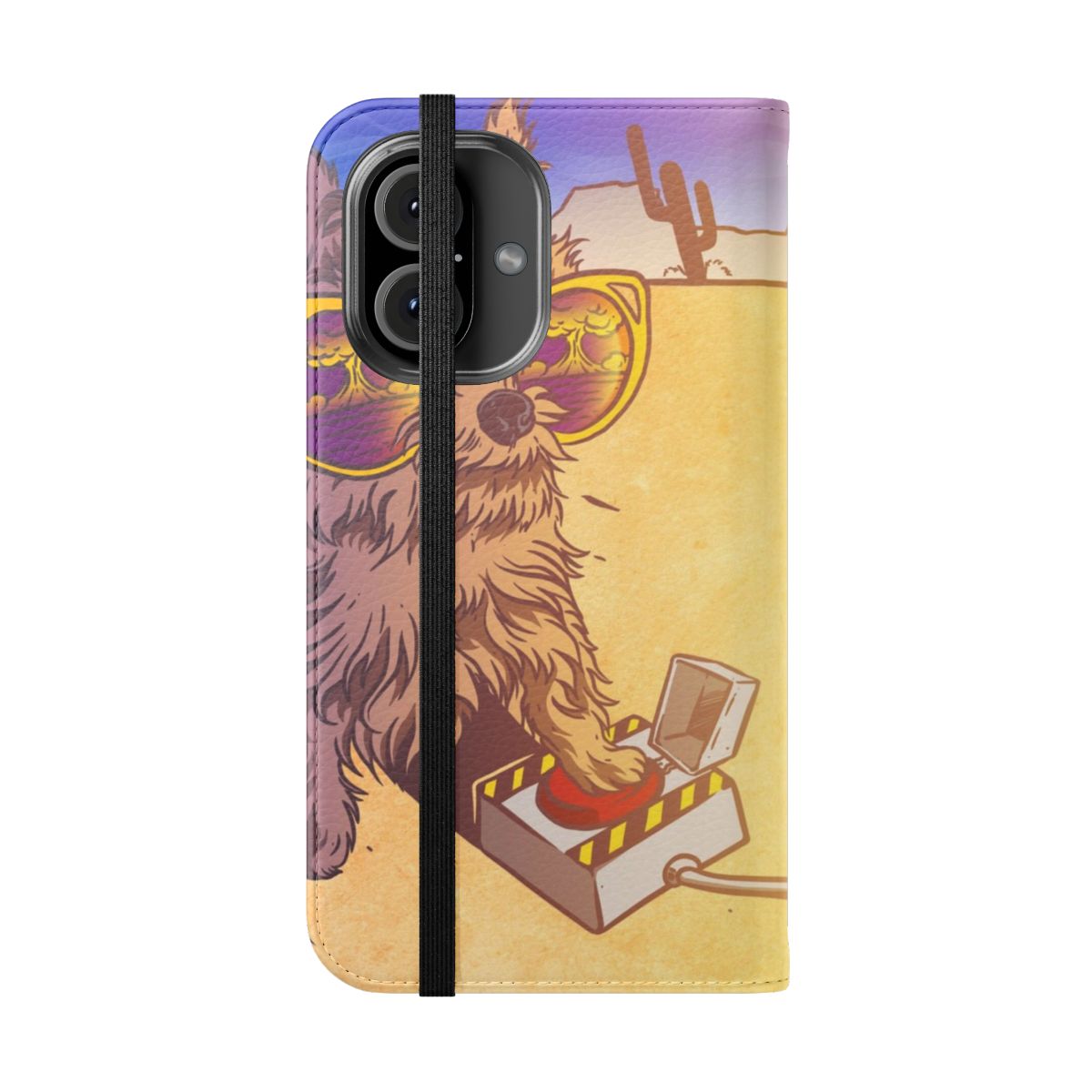 Flip cover phone case with a humorous dog meme and explosion design - Folded Front