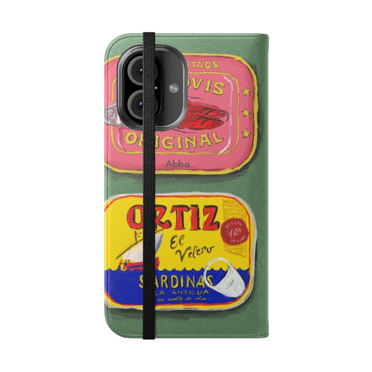 Colorful painting of seafood tins and tinned fish on a flip cover phone case - Folded Front