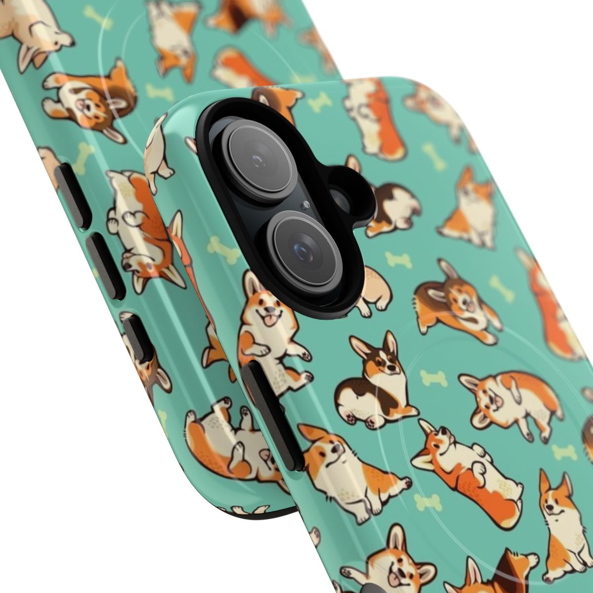 Magnetic tough phone case with a cute corgi dog pattern in green - Detail