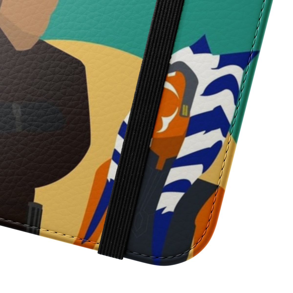 A high-quality flip cover phone case featuring an artistic design inspired by the Star Wars characters Ahsoka and Anakin. - Close Up