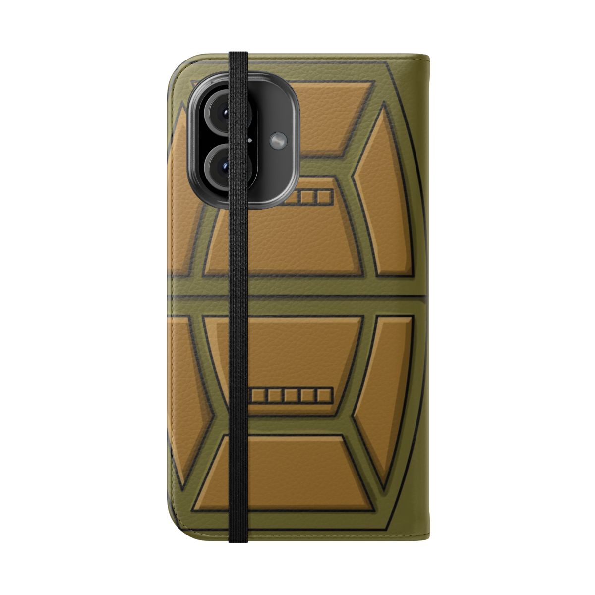 Retro-style phone case with a turtle shell design, perfect for classic ninja fans. - Folded Front