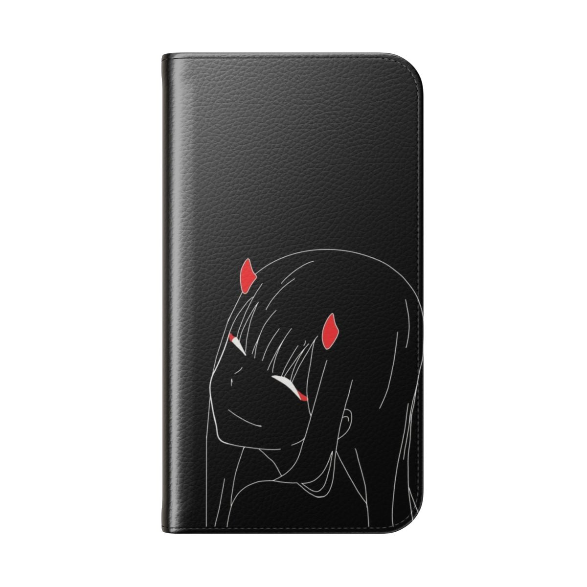 Flip phone case featuring a minimalist design of the anime character Zero Two from Darling in the Franxx. - Folded Back