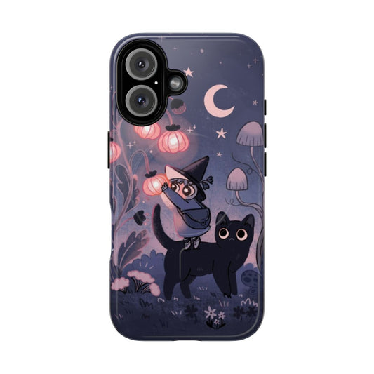 A phone case featuring a whimsical design with a black cat, mushrooms, plants, and a crescent moon against a purple background.