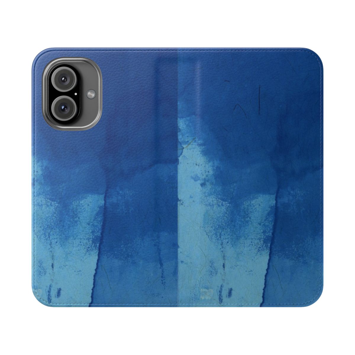 Blue ink spill design on a smartphone flip cover case